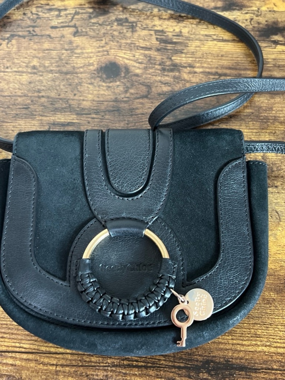 See By Chloe Black Suede and Leather Hana Crossbody with Gold Ring Charm